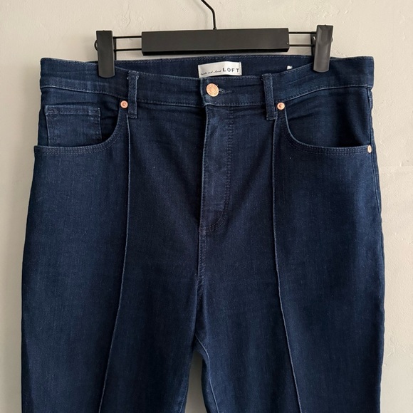 LOFT High Rise Slim Flare Pintucked Jeans Dark Blue TheKick Crop Jeans - Picture 5 of 12